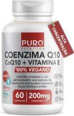 Coenzima Q10 200 mg Puro Nutrition + Vitamina E, CoQ10, 60 Cápsulas, Suplemento Vegano